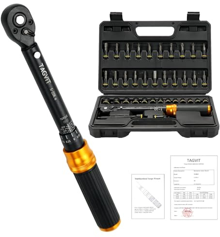 TAGVIT 37PCS 1/4 Torque Wrench Set 5-25 Nm, Dual-Direction 72 Teeth, ±3% Accuracy, with Extension Bar, Socket Bits (Hex & Torx & Philip), for Mountain Bike, Bicycle Repair