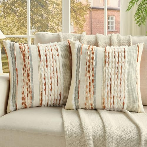 Ystyle Juego de 2 Boho Funda Cojin 50x50, Fundas Cojines Decorativa con Rayas y Textura Tufted Suave, Fundas de Cojines para Decoración del Hogar Sofá Dormitorio, Beige