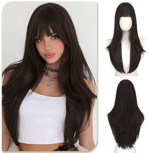 Sofeiyan Pelucas Mujer Pelo Natural,65 Cm Peluca Pelo Largo | Pelucas Sintética,Peluca Capas Para Citas Vacaciones Fiestas Cosplay,Marrón Oscuro Natural