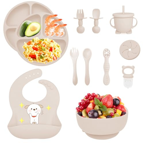 12 Stücke Silikon Baby Geschirrset, Kindergeschirr Baby-Teller Rutschfest mit Saugnapf, Schüssel, Lätzchen, löffel, Gabel, Trinklernbecher, Fruchtsauger Set, Baby Led Weaning Besteck Set (Beige)