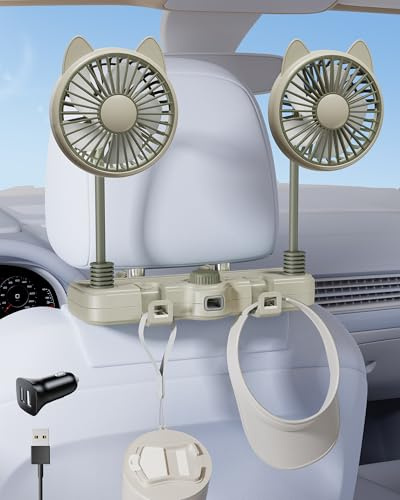 xuenair Dual 360 Hose Battery Powered Fan for Car Back Seat, 2 Storage Hook | 3000mAh Cute Cat Fan, Car Headrest Fan for SUV RV Pickup Desk, 360 Free Rotating Reinforced Gooseneck, Stepless Speed