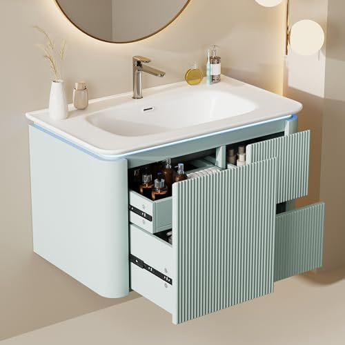 ZKLOEP 80,5 × 47,5 × 51 cm, mueble de lavabo colgante de pared, completamente lacado, estructura vertical, lámpara LED con sensor de movimiento de radar, diseño antigolpes, lavabo de una pieza, verde