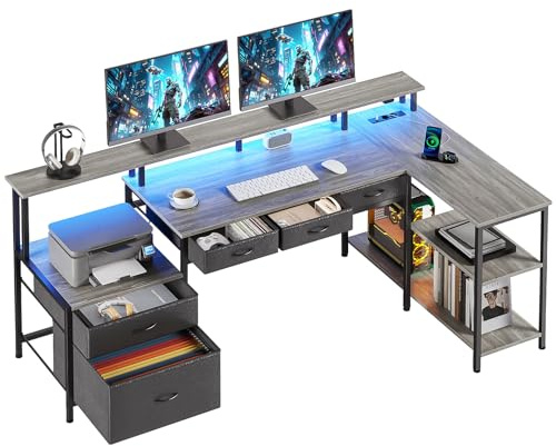 Seventable Schreibtisch L Form, Computertisch mit Steckdose, LED & Monitorständer, Reversibel Eckschreibtisch mit Schubladen, perfekt für Schlafzimmer Büro Wohnzimmer (grau)
