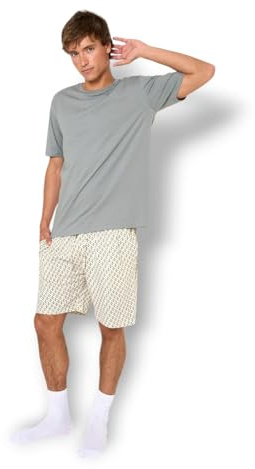 TRAMAS+ Pigiama Uomo Estate 100% Cotone, Set Maglietta a Maniche Corte e Pantaloncini, Abbigliamento da Notte Fresco e Comodo - S, Nerdana, Blu grigiastro