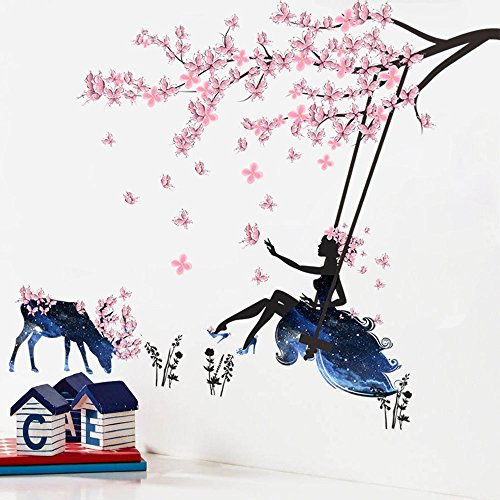 Wandtattoo Mädchen Auf Baum Swing & Moose Silhouette Wand Aufkleber mit Rosa Schmetterlinge Dekorative Abnehmbare Wandsticker DIY Vinyl Wand Aufkleber für Wohnzimmer, Schlafzimmer