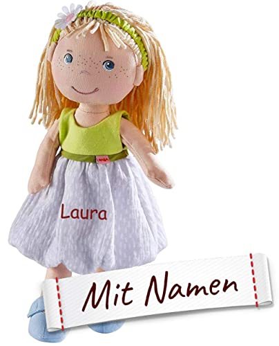 HABA Stoffpuppe mit Namen Bestickt, weiche Erste Baby Puppe mit Kleidung und Haaren, 0-5 Jahre Kuschelpuppe Taufgeschenk, Anziehpuppe Kuschelpuppe