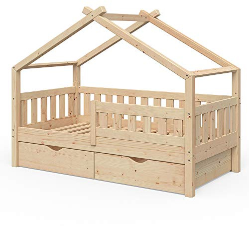 VitaliSpa Hausbett Design, Naturholz, 80x160 cm | mit 2 Schubladen, geeignet als Spiel- und Schlafbereich für Kinder