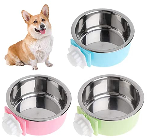 kathson Crate Dog Bowl, Removable Stainless Steel Hanging Pet Cage Bowl Food & Water Feeder Coop Cup for Cat, Puppy, Birds, Rats, Guinea Pigs (3 PCS, Size: M, Blue, Green, Pink)