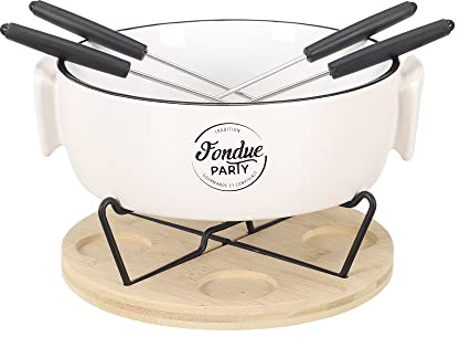 COOK CONCEPT KA4599 Fondue Set of 4 Tea Warmer and Spike for Kitchen/Cooking/Barbecue, Ceramic, Bamboo-White-Black