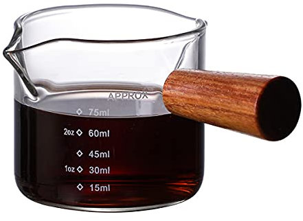 Coffee Shot Glass with Double Spouts, Espresso Measure Glass Cup, Heat&Cold Resistant Drinking Glassware, Wood Pouring Handle, Measuring Liquid Pitcher for Kitchen Baking Making Coffee Milk Tea, 100ml