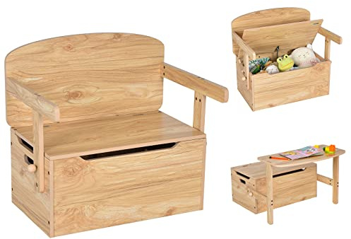 COSTWAY Set Mesa Actividad para Niños, Set 3 en 1 Mesa y Silla con Caja para Juguetes y Palo Neumático, Banco de Madera para Guardería Cuarto para Actividades Artísticas, de 3 a 7 años (Natural)