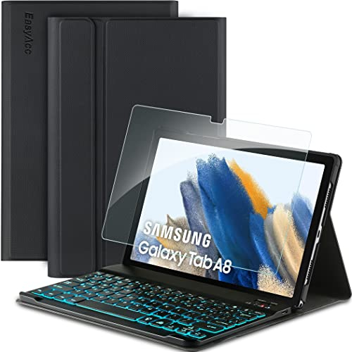 EasyAcc Funda con Teclado Compatible con Samsung Galaxy Tab A8 10.5 2021 (SM-X205N/X200N) con Cristal blindado, Teclado retroiluminado, Carcasa inalámbrica Bluetooth extraíble, Color Negro