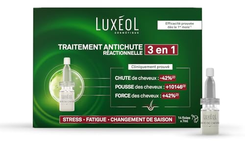 LUXÉOL - Chute De Cheveux Réactionnelle 3 En 1 - Favorise La Croissance & Diminue La Chute Des Cheveux - Stress & Fatigue - Kératine - Programme 1 Mois - 14 Fioles De 7ml