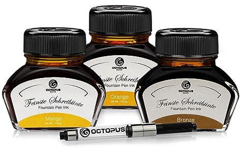 Octopus Schreibtinte Bronze, Orange, Mango, Füllhaltertinte im Tintenglas mit Konverter, Geschenkset Schreibtinte für Füller und Feder, Tinte zum Schreiben und Malen, 3 x 30 ml