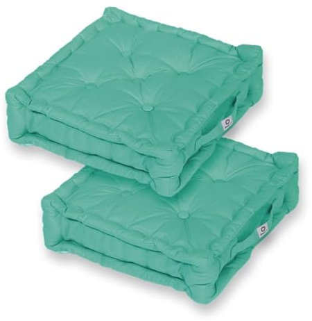 Juego de 2 Cojines de Suelo Cuadrados para salón o jardín - Cojines Acolchados con Tratamiento Repelente al Agua y asa de Transporte - Certificados Oeko-Tex - 50x50x15 cm, Azul Caribe - Déco Arts
