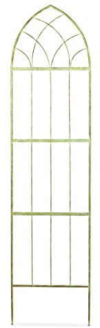 Inspirational Gifting A pair of Beautiful Verdigris decorative Arched metal Trellis Plant Support Panels with integral positioning ground prongs BA16