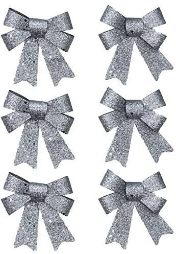 6 x silberne glitzernde Weihnachtsbaumschleifen, Weihnachtsband, Schleifen, Ornamente, Weihnachtsbaumschmuck, Schleifen, Verpackungs-Bastelbedarf, 11 cm