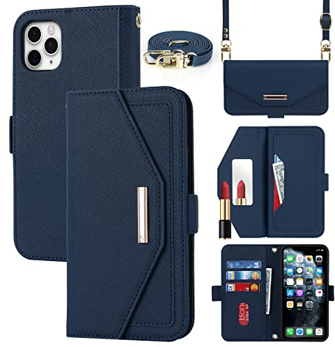 CAVOR Handykette Handyhülle kompatibel mit iPhone 11 Pro Hülle Mit Band,Flip Leder Geldbörse Handyhülle,[Spiegel][5 Kartenfach][Magnetisch],Klapphülle Handytasche zum umhängen - Blau