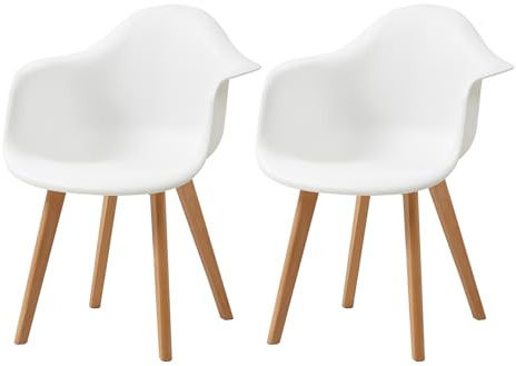 HJhomeheart Juego de 2 Sillas de Comedor con Patas de Madera de Haya de Diseño Moderno con Reposabrazos, Sillas de Cocina Escandinavas (Blanco)
