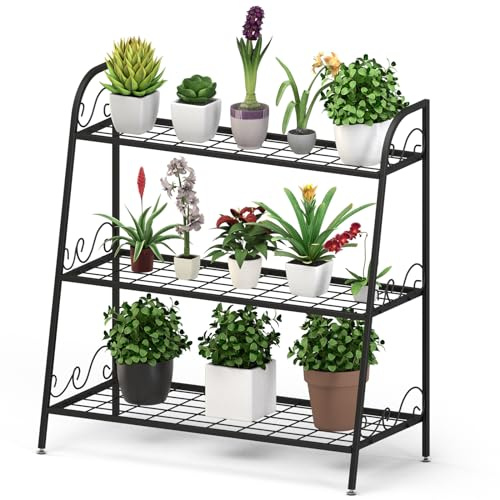 Support pour plantes d'extérieur 3 niveaux en fer noir | Étagère porte-fleurs multifonction pour balcon, intérieur et jardin, porteur 45 kg, 81 x 35 x 82 cm