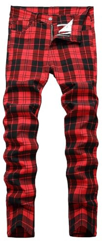 TENGINE Pantalon à carreaux pour homme, pantalon chino skinny stretch coupe ajustée pour homme pour le golf, les affaires, habillé, décontracté, écossais rouge, 48