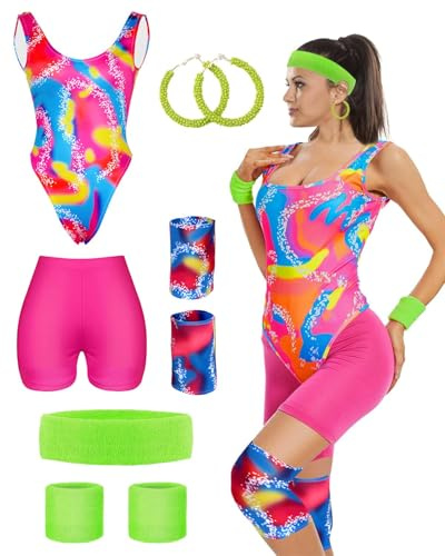 CHMMY Halloween kostüm damen Margot Robbie 80er Jahre Workout Kostüme für Damen 80er halloween kostüm 80er Jahre Karneval Sportlicher Stil Set Beinwärmer Stirnband Armbänder Ohrringe (XL)