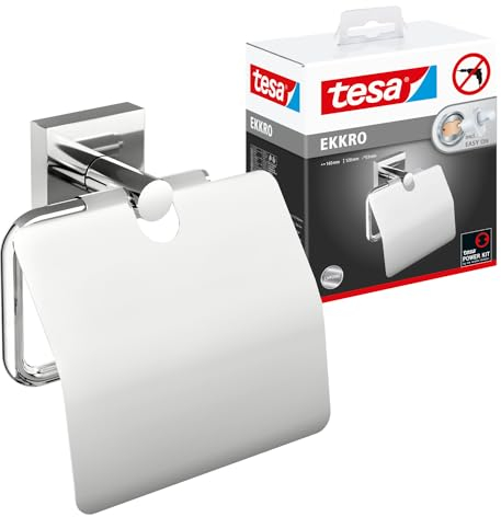 tesa EKKRO Toilettenpapierhalter mit Deckel, verchromt - WC-Rollenhalter zur Wandbefestigung ohne Bohren, inkl. Klebelösung - 53 mm x 140 mm x 128 mm