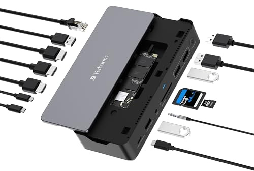 Verbatim USB-C Pro Docking Station 15-in-1 Hub SSD Slot HDMI 8K PD80W | Mit integrierter SSD, Multiport Adapter zu HDMI 4K und 8K, USB-A und USB-C, PD 80 W, AUX, Card Reader, für Mac/Windows Laptop