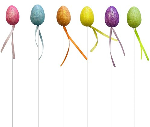 Lizzy 6 piece Mini Decorative Egg Picks | Glitter Foam Easter Egg Picks, Easter Egg Cake Toppers Artificial Easter Glitter Picks DIY Crafts for Easter Wreath Party Home Decor