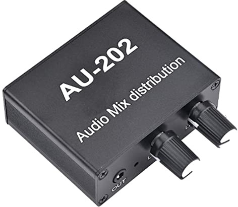 Qarmijaer AU-202 Mixer Stereo Un 2 Ingressi e 2 Uscite Distributore Audio per Cuffie Alimentazione Esterna AMP Controllo del Solo Volume