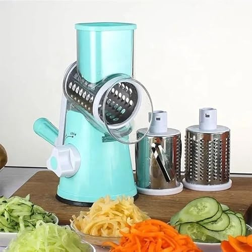 Trancheuse, râpe et hachoir 3 en 1 manuel avec 3 lames en acier inoxydable pour légumes, fromage, noix, etc. (turquoise)