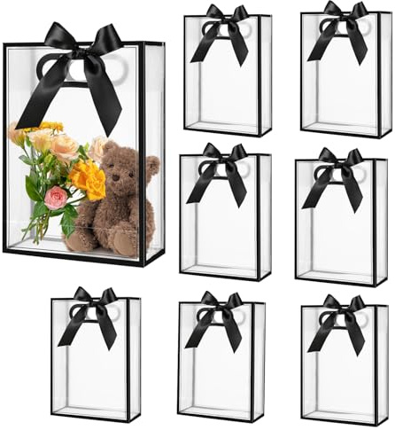 16 Stück klar PVC Geschenk Tasche mit Griffen Band Kunststoff Party Gunst Taschen wiederverwendbare transparente Geschenk-Taschen für Hochzeit Braut Baby Dusche Geburtstag (Schwarz, 18 x 26 x 8 cm)