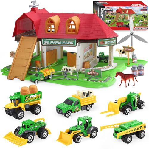 Oriate Spielhaus Bauernhof mit Gusstraktor Bauernhof Tieren Traktoren und Anhängern, Spielset für Kinder 3-8 zum Geburtstag