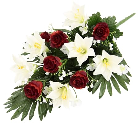 Bouquet con gigli artificiali e rose artificiali, decorazione da tavolo, decorazione per tomba, decorazione per cimitero, decorazione per il cimitero