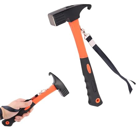 Camping-Hammer, robust, mit Zeltheringentfernung, Schlägel, Zelthering-Abzieher, Hartstahl, Zelthammer mit Haltegurt, gummierter Griff, Zelthammer für Outdoor, Camping, Picknick (Orange)