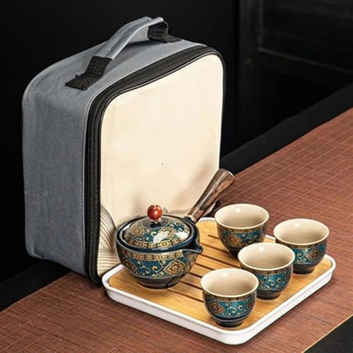 ATGQBCF Set con Teiera Set di Teiere Fiore Portatile Squisito Cinese Gongfu Kung Fu Set tè Teiera in Ceramica in Legno Maniglia Laterale Pentola Tazza tè Articoli Attrezzature Set da tè Portatile(A1)