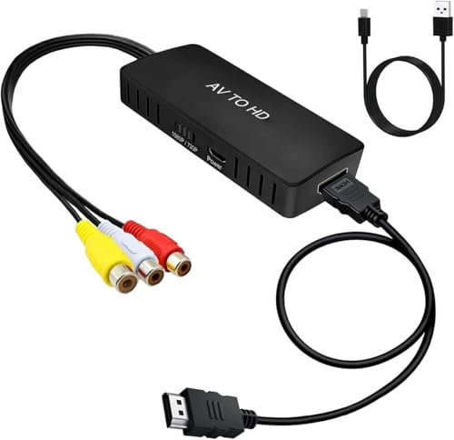 PKOUVOO Adattatore da RCA a HDMI, Convertitore AV a HDMI Full HD 1080P Audio Video Composito CVBS Con Cavo HDMI Per PS2 PS3 Xbox SNES N64 STB VCR DVD