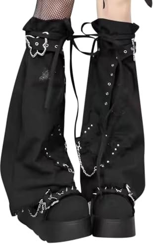 Gothic Beinstulpen – Schmetterlingsdruck japanische Streetwear Beinabdeckung – Y2k Stiefelüberzug Wadensocken für Ausgehen, Dating, Partys, Schwarz , B