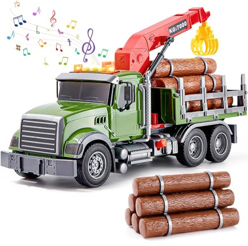 Tacobear Holztransporter LKW Spielzeug mit Anhänger Kranarm & 6 Baumstämmen, Großer 1:16 Transporter Lastwagen mit Sound & Licht Kran Auto Lastwagen Spielzeug Geschenke Kinder Jungen 3 4 5 6 Jahre