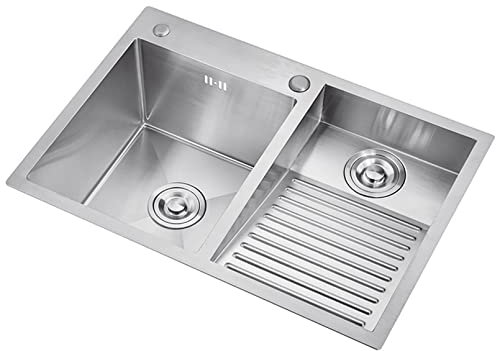 GLMGBP Évier de Cuisine sous Plan, Grand évier à Double cuve en Acier Inoxydable 304 avec Planche à frotter et Robinet, 2 Trous Disponibles, Bassin épais Fait à la Main
