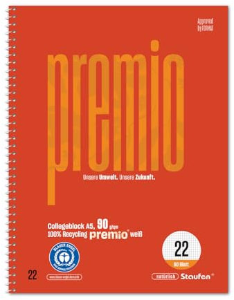 Staufen premio Collegeblock - 5 Stück, 80 Blatt, DIN A5, Lineatur 22 (5 mm kariert), 6-fach Lochung, 90 g/m² Recyclingpapier