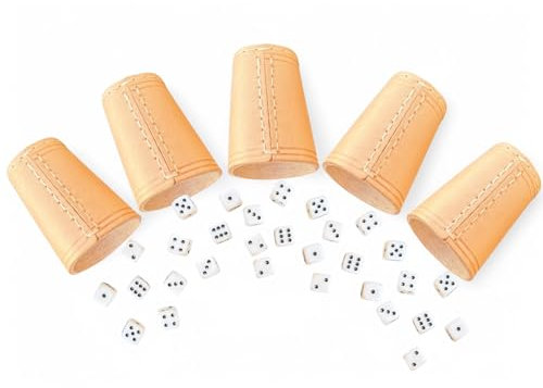 DELALO Leder Würfelbecher Set, 5 Becher mit 30 Würfeln, 16mm, Handgefertigt, 9cm x 7cm, Natur