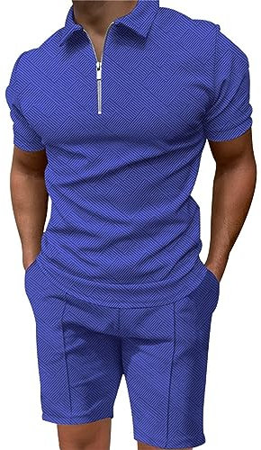 Genérico 2025 Bedruckter Trainingsanzug für Herren, Sets mit Knöpfen, Reverskragen, Classics, Set aus zwei Stilen, Hawaii-Strandhemd, für Herren, Poloshirt, mit halbem Reißverschluss, dunkelblau, XXL