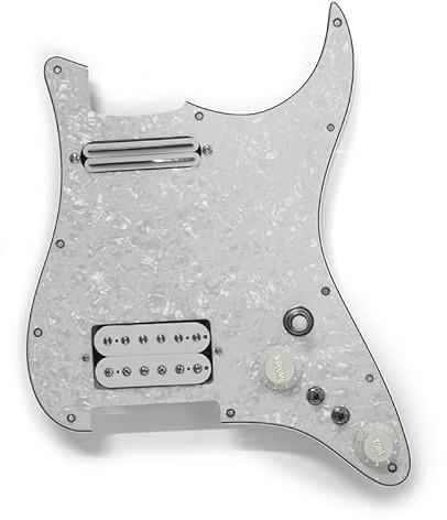 MAXCHEER Alnico 5 Prewired Strat Pickguard Coil Splitting Pickguard HH(Mini Humbucker+Humbucker) Loaded Pickguard with Humbucker Pickups Set (Pearl White, SH)