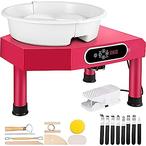TXGJWRA Electric Pottery Wheel with Ball Stylus, 11-Inch Clay Wheel Pottery Ceramic Wheel Thrower for Adult Beginners, Foot Pedal, LCD Touchscreen, Comes with 12 Clay Carving Too,Red