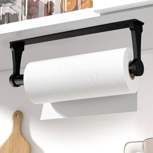 Küchenrollenhalter schwarz ohne Bohren, Wandhalterung aus Aluminium mit Teleskopstange, klebend & schraubbar, für Küche oder Bad geeignet