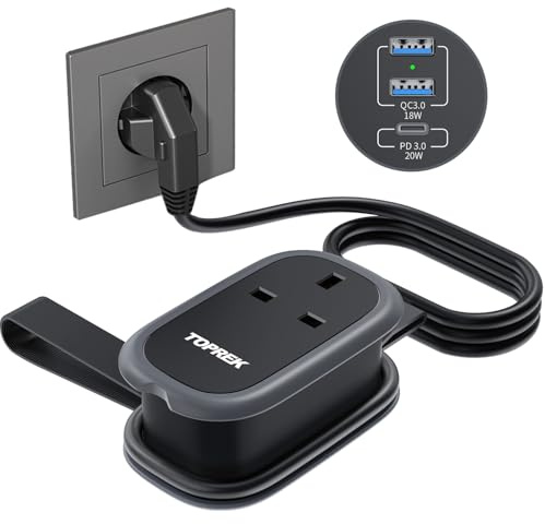 TOPREK UK to European Plug Adapter with 1.06m Lead, PD 38W Fast Charging | Travel Adapter UK to Europe with 2 USB-A + 1 USB-C for Germany, France, Spain, Turkey, Greece, Iceland, etc