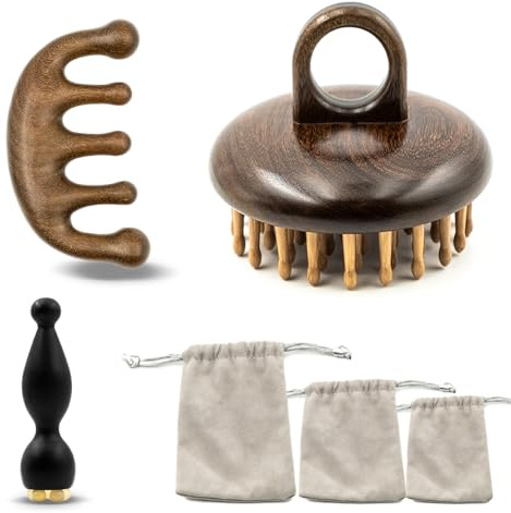 OMTRS 3 Pack Wooden Scalp Massager, Sandalwood Manual Head Massager Comb for Hair Growth, Wooden Gua Sha Tool for Body&Face, Wood Massager for Eye