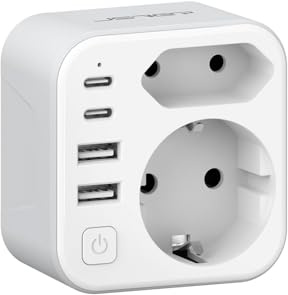 Adaptador de Viaje JSVER para Italia, Tipo L, con 2 USB A y 2 USB C, Echufe de Viaje para IT y España, Adaptador de Enchufe Bidireccional Tipo L para Italia, Chile,Uruguay y Etiopía（Blanco）