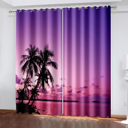 Aotiwe Tende moderne francesi viola rosa mare tramonto alberi di cocco paesaggio poliestere 2 pannelli 274,3 x 228,6 cm